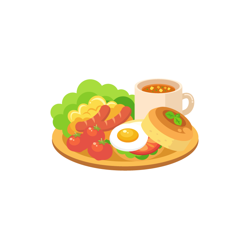 モーニングプレート サラダ スクランブルエッグ ウインナー トマト 卵 パンの朝食セット のイラスト素材 商用可能な無料 フリー のイラスト 素材ならストックマテリアル
