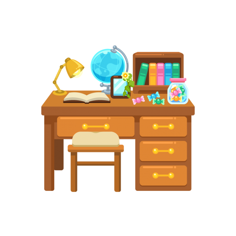 本や地球儀がのった勉強机と椅子（デスク/チェア）のイラスト素材