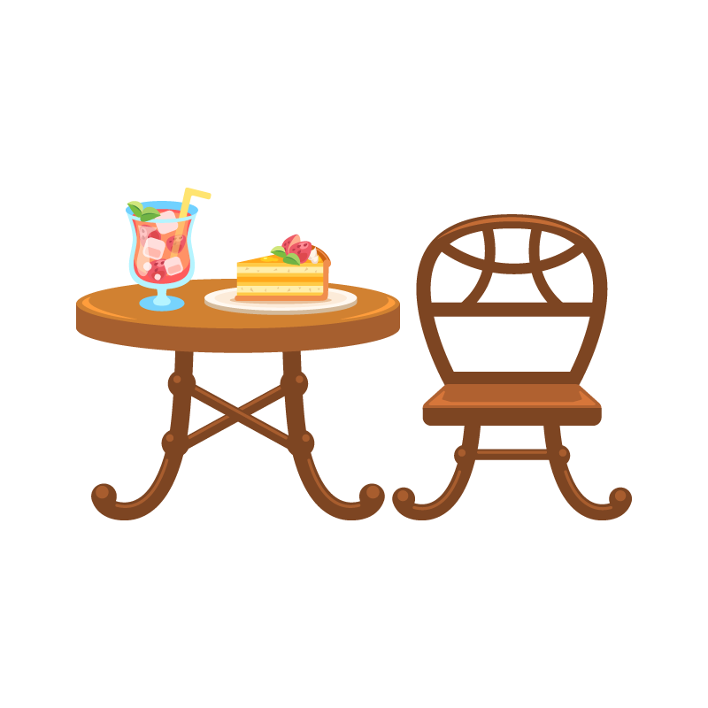 カフェテーブルとチェア 机と椅子 のイラスト素材 イチゴのケーキとジュース付き 商用可能な無料 フリー のイラスト素材ならストックマテリアル