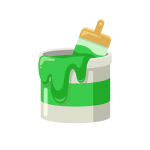 DIY用のペンキ缶（緑色）と刷毛（ハケ）のイラスト素材