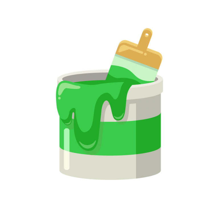 DIY用のペンキ缶（緑色）と刷毛（ハケ）のイラスト素材