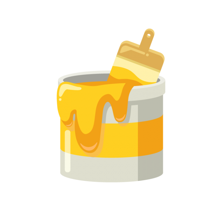 DIY用のペンキ缶（黄色）と刷毛（ハケ）のイラスト素材